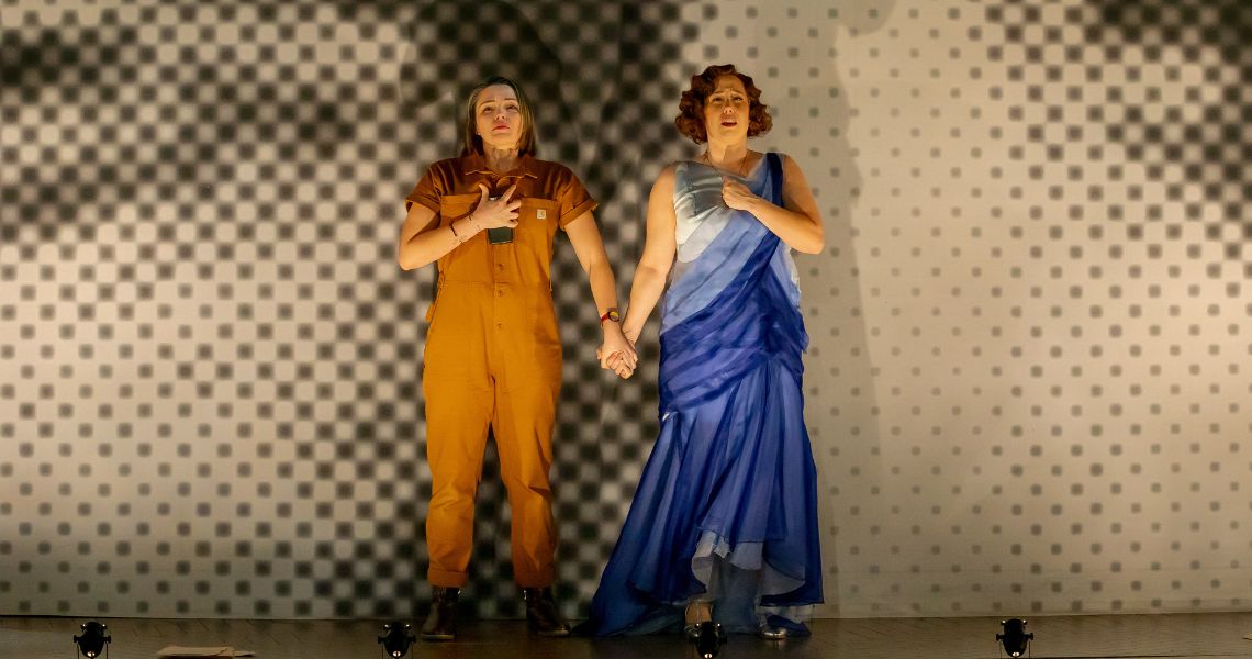 Zoë Sophia Garcia (Lucy) and Alex Keiper (Agatha) in Mrs. Christie at Cincinnati Playhouse in the Park. Photo by Mikki Schaffner.