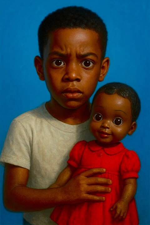 Concerned black boy holding a doll of a black girl