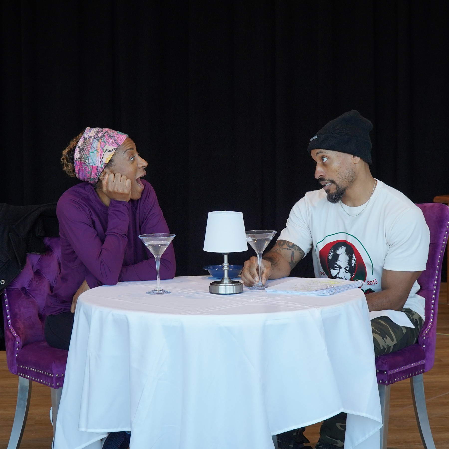 Lilian Oben (Wally's Waiter/Bank Customers) and DeShawn Harold Mitchell (Kenneth) in rehearsal for PRIMARY TRUST.