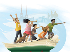 Group of teens sailing on a book that is also a boat.