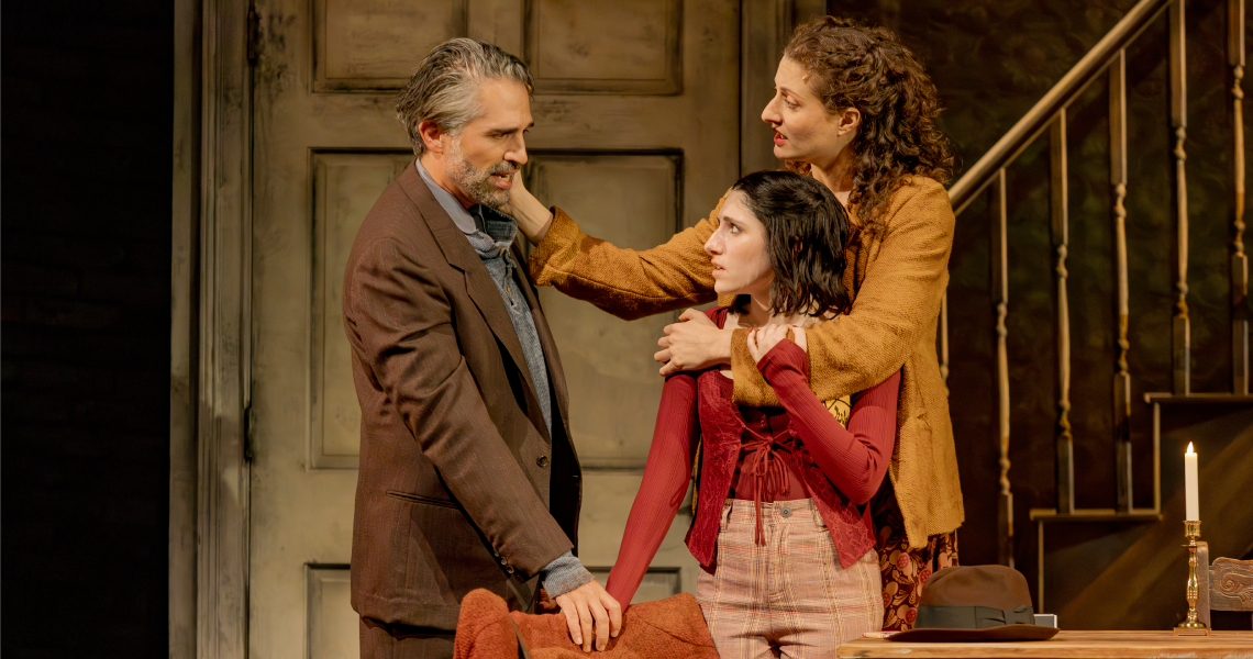 Ben Cherry (Yaacov), Bex Odorisio (Dvorah) and Lana Schwartz (Rutka) in the world premiere musical RUTKA at Cincinnati Playhouse in the Park. Photo by Mikki Schaffner.