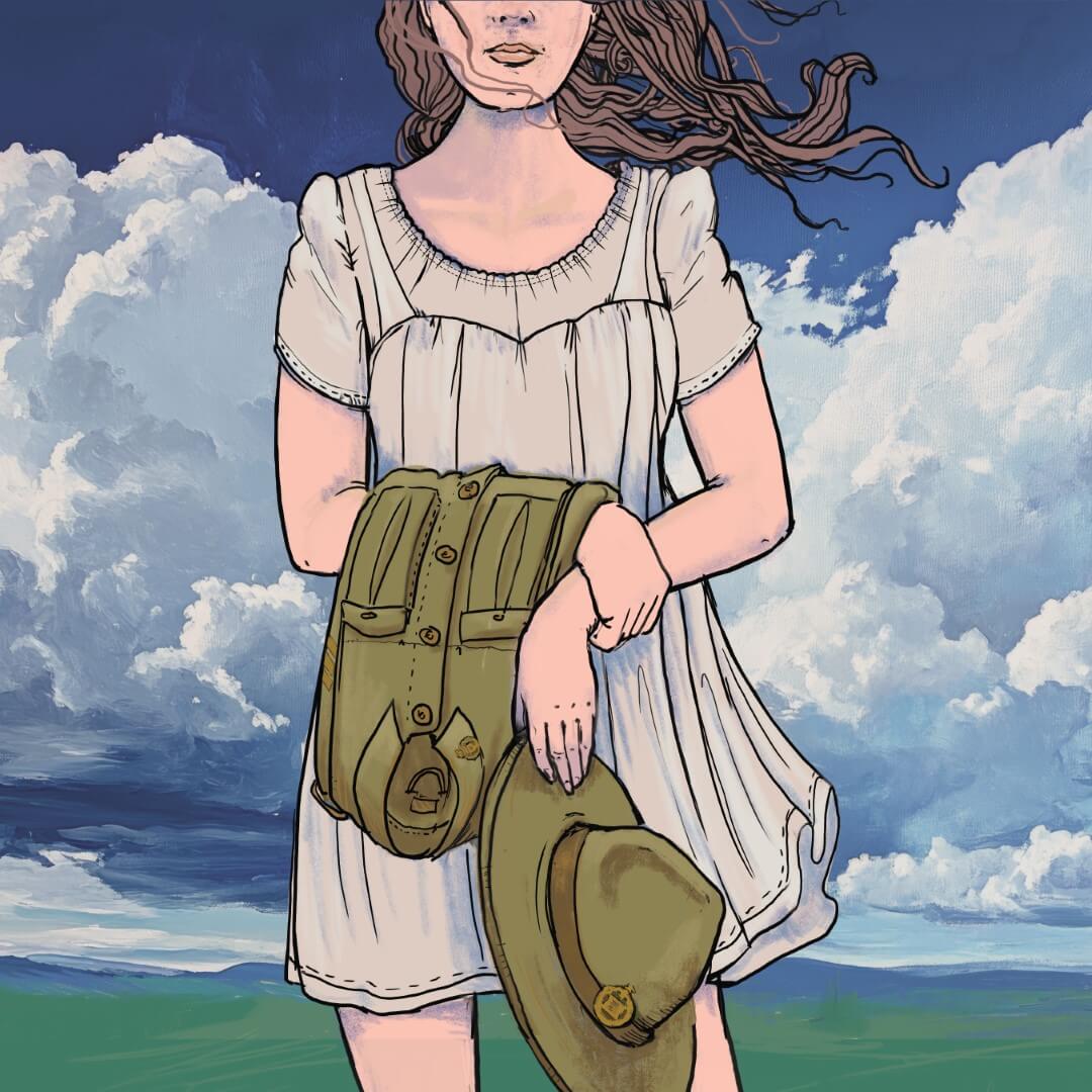 Mary holding hat an coat