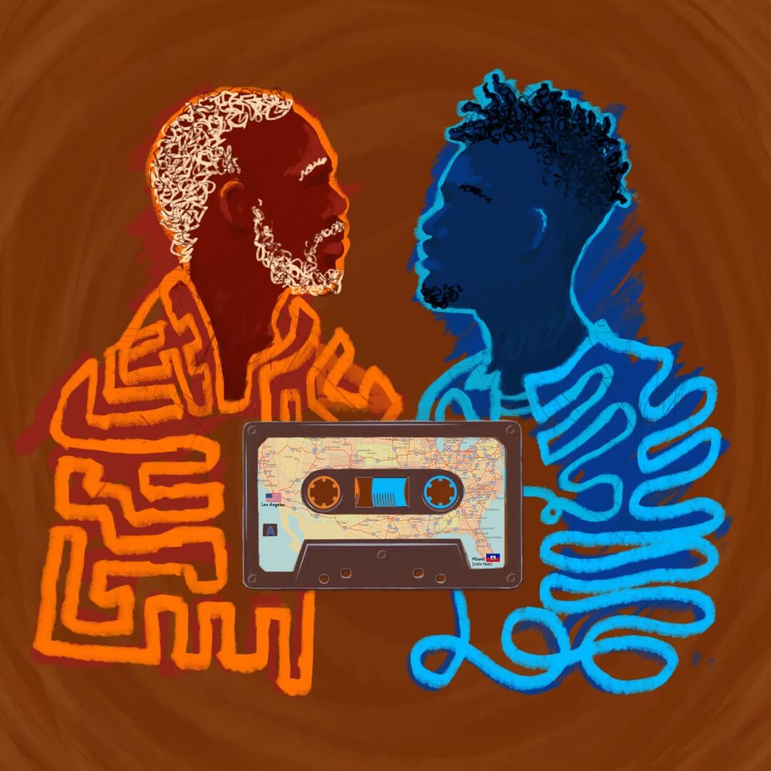 Young man and old man connected by a cassette