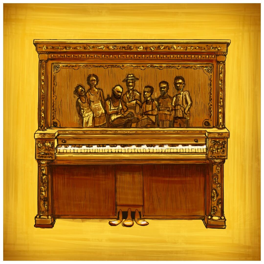 Piano with relief sculpture of a family