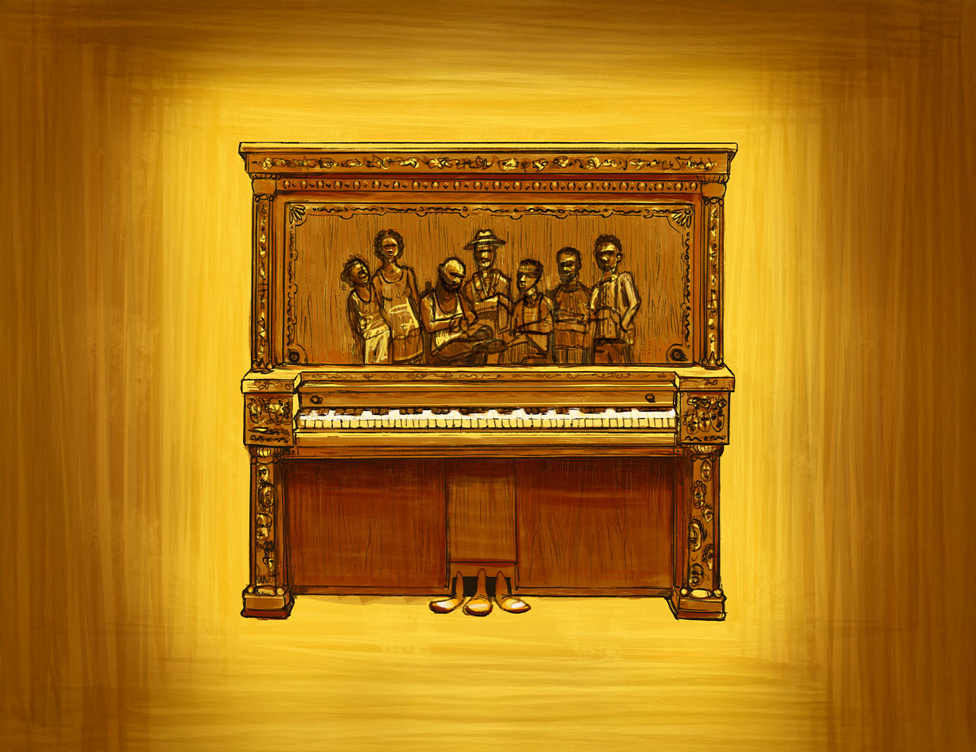 Piano with relief sculpture of a family