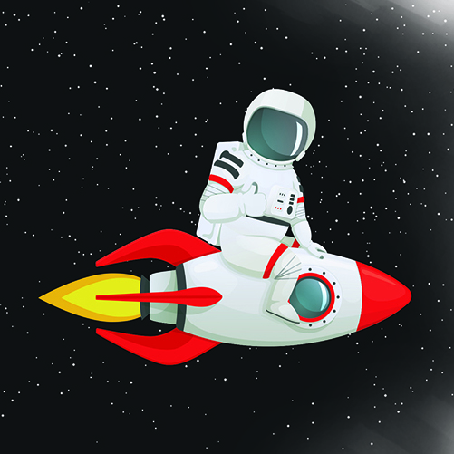 Cartoon Astronaut riding on a rocket in space