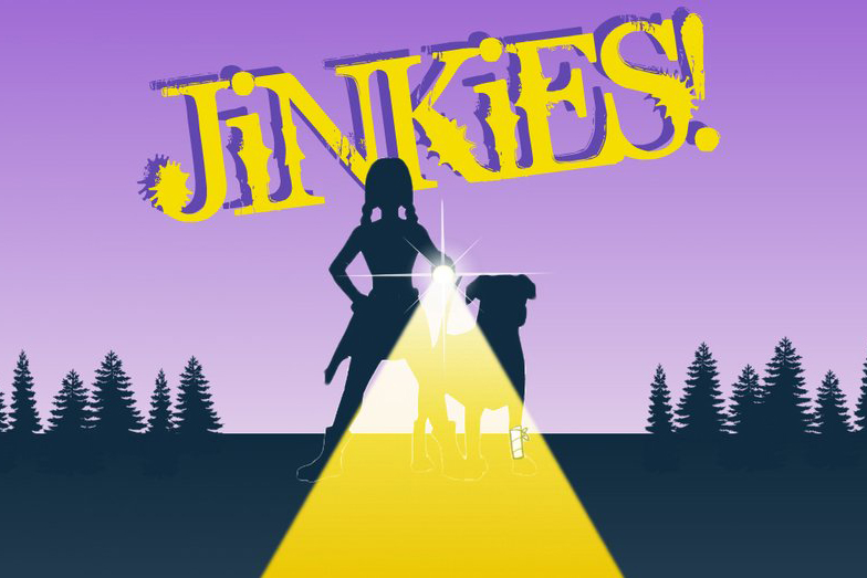 Jinkies, silhouette Illustration of a girl with pigtails and a wounded dog in the woods with a flashlight.