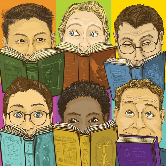 Drawing of six faces reading 6 different color books.