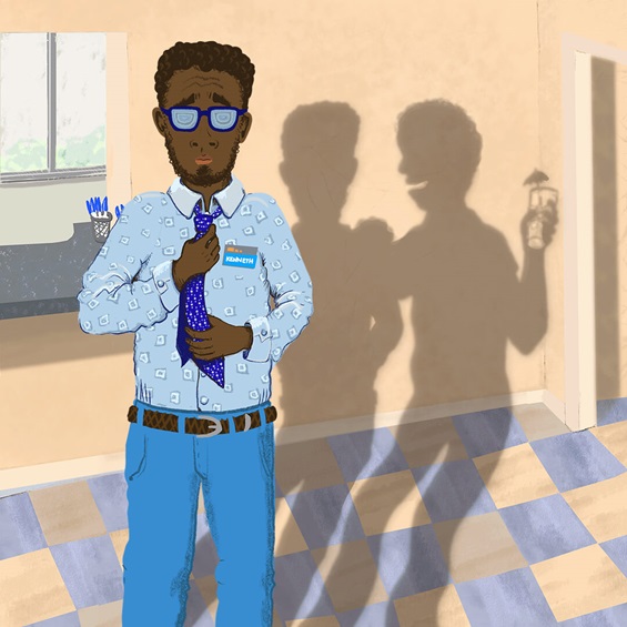 Drawing of worried Kenneth while his shadow shows a relaxed friend with a drink.